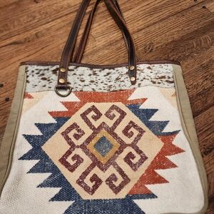 Bohemian Patterned Tote Bag with Brown Handles